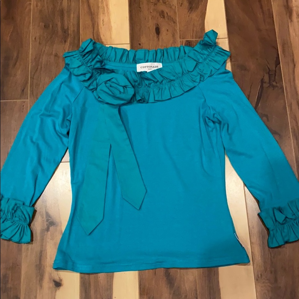 Teal Ruffle-Neck Long-Sleeve Blouse
